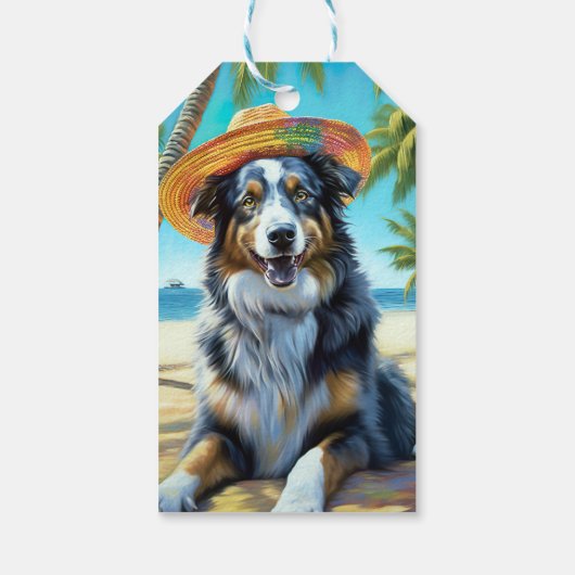 Australian Shepherd Op Strand hondenliefhebber zom Cadeaulabel (Achterkant)