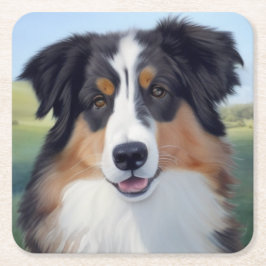 Australian Shepherd Portrait  -  Vierkante Kartonnen Onderzetter