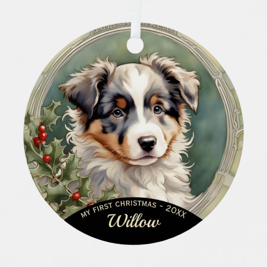Australian Shepherd Puppy Eerste Kerstmis Ornament (Voorkant)