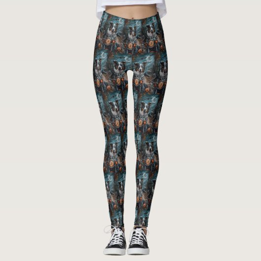 Australian Shepherd Riding Motorcycle Halloween Leggings (Voorkant)