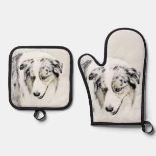 Australian Shepherd schilderij Blue Merle Dog Art Ovenwant & Pannenlap Set