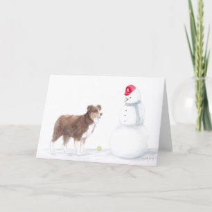 Australian Shepherd & Snowman Dog Art Groetwagen Kaart