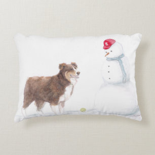 australian Shepherd & Snowman Dog Art Pillow Accent Kussen