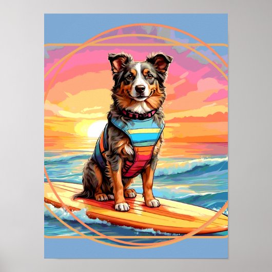 Australian Shepherd Surfing Poster (Voorkant)
