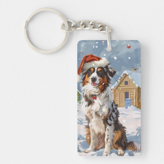 Australian Shepherd Winter Wonderland Kerstmis Sleutelhanger (Voorkant)
