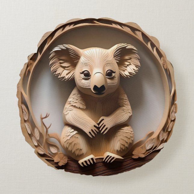 Australian Tree Hugger: Koala Beer Houtprint Rond Kussen (Voorkant)