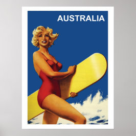 Australië, surfmeisje op het strand, vintage poster