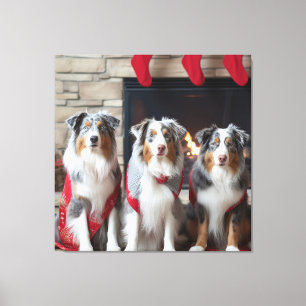 Australische Herder bij de Haard Kerstmis Canvas Afdruk