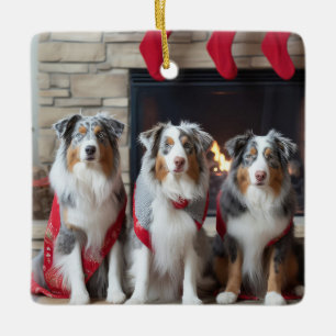 Australische Herder bij de Haard Kerstmis Keramisch Ornament