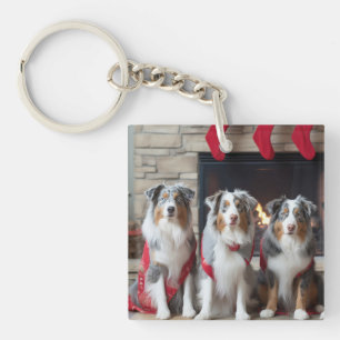 Australische Herder bij de Haard Kerstmis Sleutelhanger