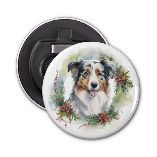 Australische Herder Kerstkrans Feestelijke Pup Button Flesopener (Voorkant)