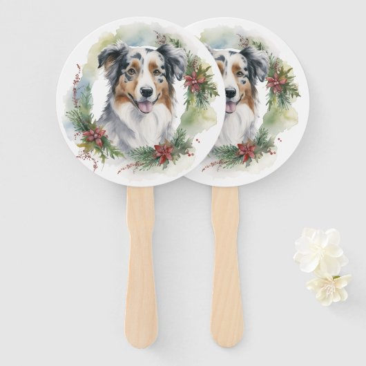 Australische Herder Kerstkrans Feestelijke Pup Handwaaier (Voorkant en achterkant)