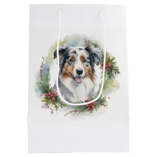 Australische Herder Kerstkrans Feestelijke Pup Medium Cadeauzakje (Achterkant)