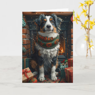 Australische herder met kerstcadeaus open haard kaart