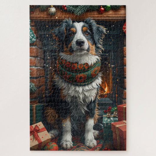 Australische herder met kerstcadeaus open haard legpuzzel (Verticaal)