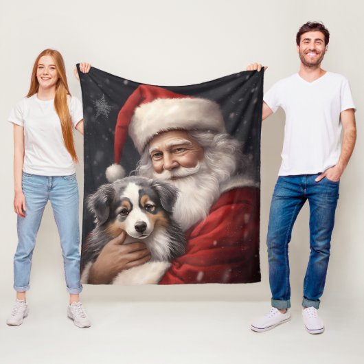 Australische Herder met Kerstman Kerstmis Fleece Deken (In situ)