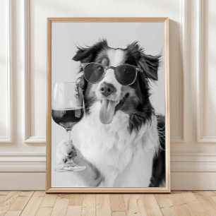 Australische Herder met wijn muurkunst, Zwart Poster