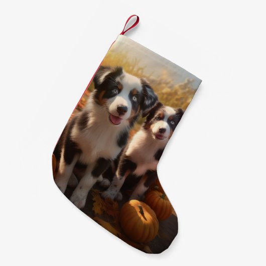 Australische Herder Puppy Herfst Delight Pompoen Kleine Kerstsok (Voorkant (Hangend))