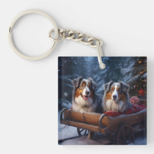 Australische Herder Sneeuwige slee Kerst Decoratie Sleutelhanger