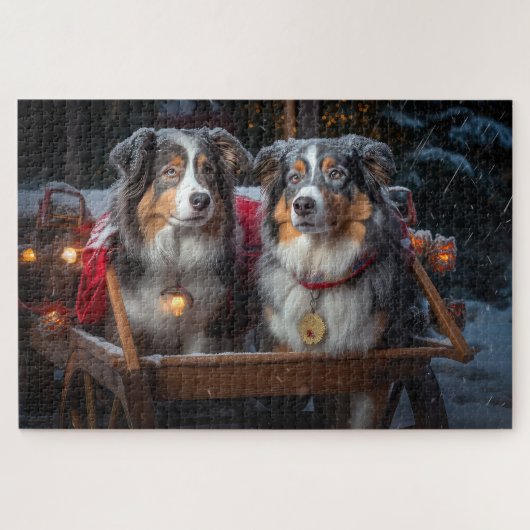 Australische herder sneeuwslee kerstdecor legpuzzel (Horizontaal)