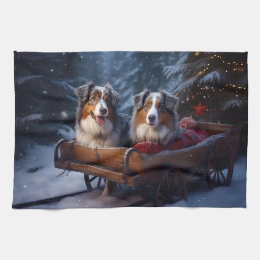 Australische herder sneeuwslee kerstdecor theedoek (Horizontaal)