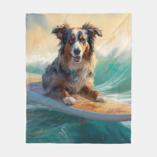 Australische herder strand surfen schilderij fleece deken (Voorkant)