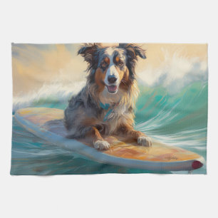 Australische Herder Strand Surfing Schilderij Theedoek