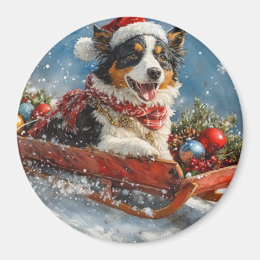 Australische herdershond in slee Kerstmis Magneet (Voorkant)