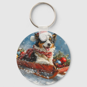 Australische herdershond in slee Kerstmis Sleutelhanger