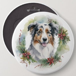 Australische Herdershond Kerst Krans Festieve Pup Ronde Button 6,0 Cm
