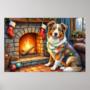 Australische Herdershond Open Haard met Kerstlicht Poster