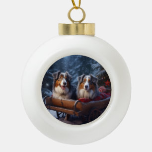Australische Herdershond Sneeuwige Arrenslee Kerst Keramische Bal Ornament