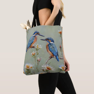 Australische ijsvogel vogels en bloemen olieverf, draagtas