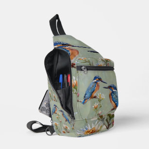 Australische ijsvogel vogels en bloemen olieverf, sling bag