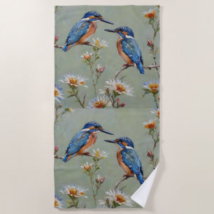 Australische ijsvogel vogels en bloemen olieverf, strandlaken
