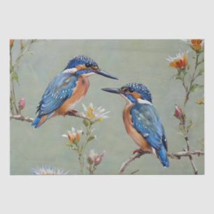 Australische ijsvogel vogels en bloemen olieverf, tissuepapier