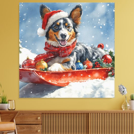 Australische Kelpie in Sledge Laat het Sneeuw Kers Canvas Afdruk (Insitu (Woonkamer))