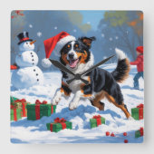 Australische Kelpie Kerstfeest Sneeuwscène Vierkante Klok (Voorkant)