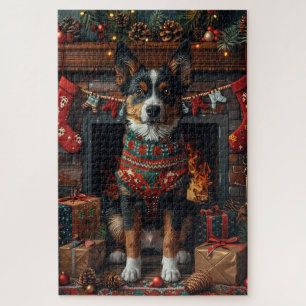 Australische Kelpie met kerstcadeaus open haard Legpuzzel