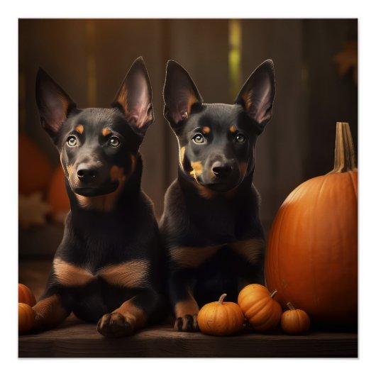 Australische Kelpie Puppy Herfst Delight Pompoen Perfect Poster (Voorkant)