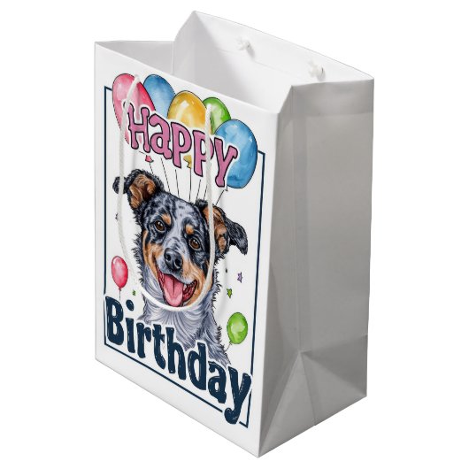 Australische Rundvee Hond met Ballonnen Verjaardag Medium Cadeauzakje (Achterkant Gekanteld)