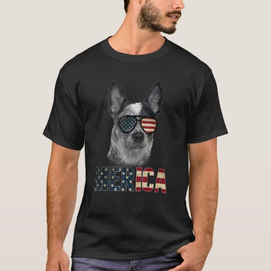 Australische Rundvee Hond Zonnebril USA Vlag Meric T-shirt (Voorkant)