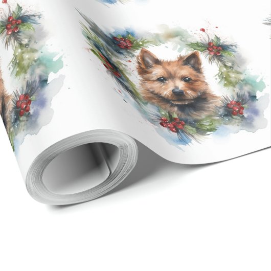 Australische Terriër Kerstkrans Feestelijke Pup Cadeaupapier (Rol Hoek)