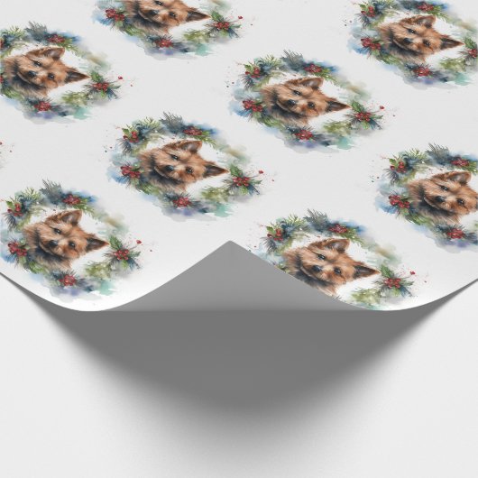 Australische Terriër Kerstkrans Feestelijke Pup Cadeaupapier (Hoek)