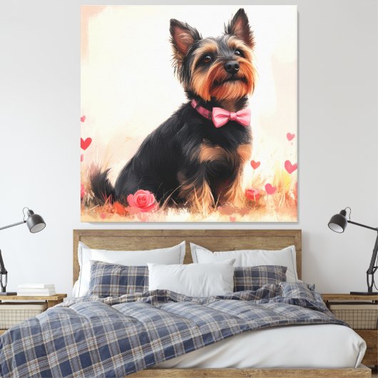 Australische Terriër met Rozen - Valentijnsdag Canvas Afdruk (Insitu (Slaapkamer))