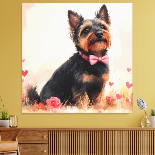 Australische Terriër met Rozen - Valentijnsdag Canvas Afdruk (Insitu (Woonkamer))