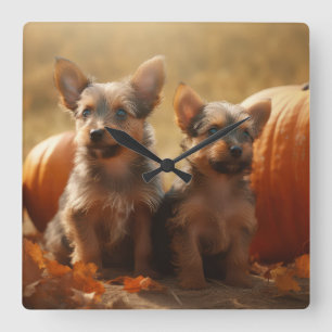 Australische Terrier Puppy Herfst Plezier Pompoen Vierkante Klok