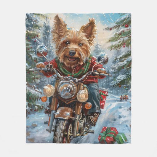 Australische Terrier Riding Motorfiets Kerstmis Fleece Deken (Voorkant)