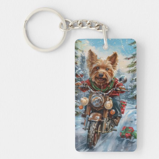 Australische Terrier Riding Motorfiets Kerstmis Sleutelhanger (Voorkant)