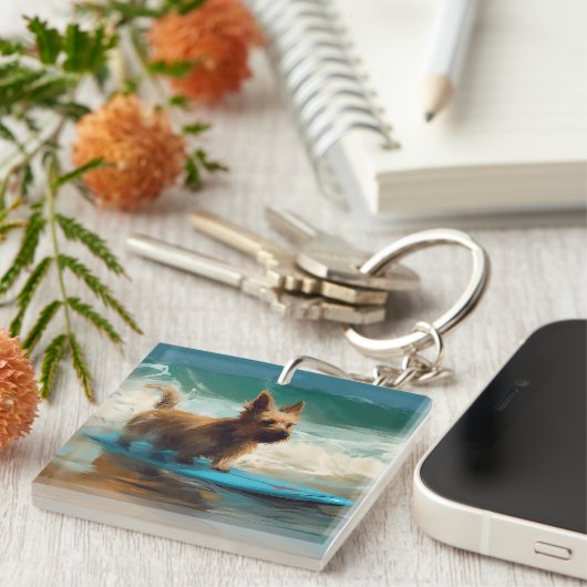 Australische Terrier Strand Surfen Schilderij Sleutelhanger (Voorkant Rechts)